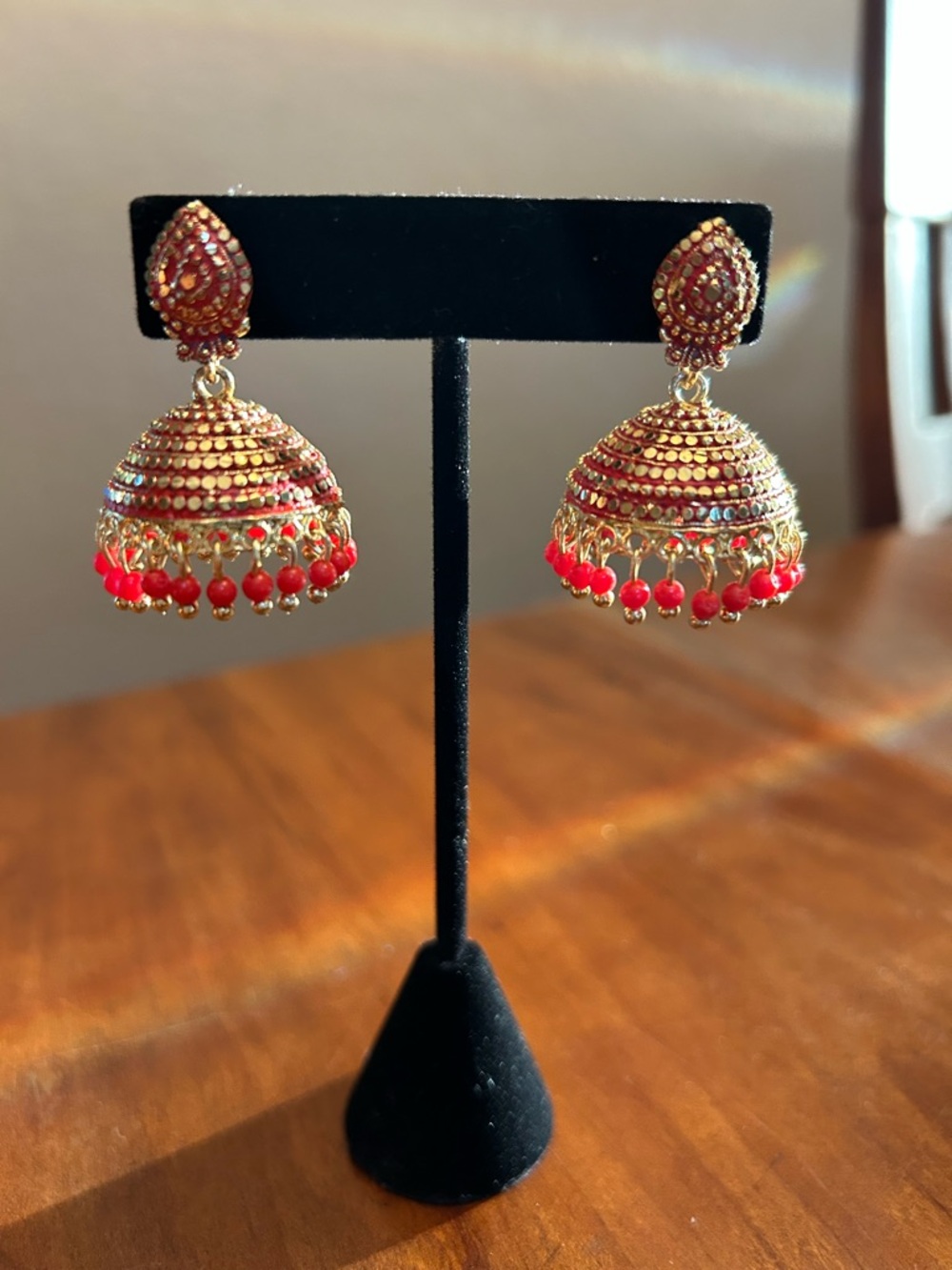 Gold and Red Jhumka Earrings - Elegant Women’s Jewelry